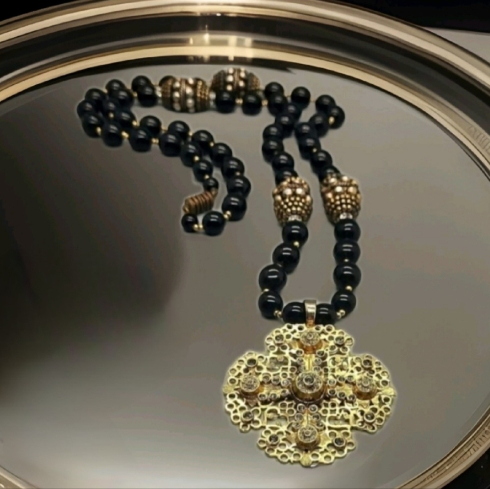 Vintage Estate Graziano Black Glass Bead Crystal Encrusted Gold Cross Necklace
